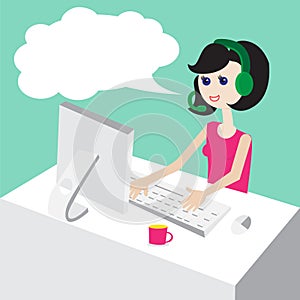 Technical support by phone, woman with headset, flat design-illustration