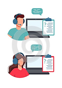 Technical support specialists. Man and woman administrators on the phone. Their equipment is headphones, microphones