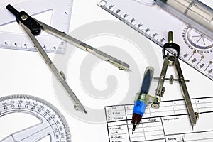 Technical tracing paper and rulers, calipers