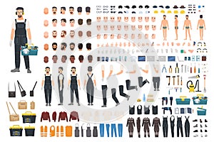 Technical worker creation kit. Set of flat male cartoon character body parts, skin types, facial gestures, clothing