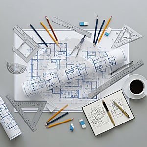 Technical workspace with architectural blueprints spread out