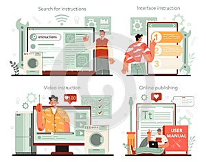 Technical writer online service or platform set. User manual tutorial writing.