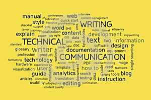 Technical writing word cloud. Technical writer or communicator, documentation, profession concept. Illustration.