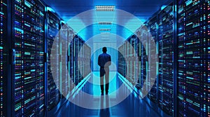 A technician analyzing big data on multiple computer screens