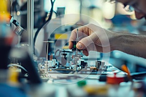 A technician assembling electronic components on a circuit board in a lab setting