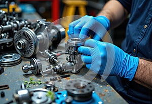 Technician in blue gloves assembling mechanical parts on a workbench in a