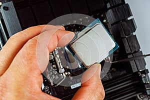 Technician is carefully inserting CPU into motherboard socket during desktop computer assembly.