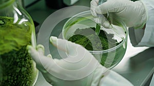 A technician carefully yzing the chemical composition of a sample of green powder using hightech equipment to ensure its