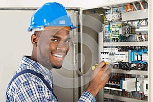 Technician Checking Fusebox With Screwdriver photo