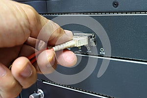 Technician connect fiber cable network to switch port in server room
