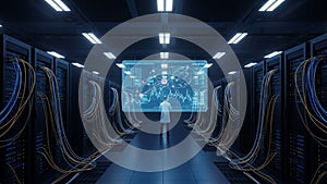 Technician in data center analyzing network