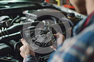 Technician employs ar diagnostics software on a tablet to inspect vehicle engine components