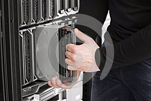 IT Engineer installs Blade Server in Data Center