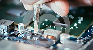 Technician is fixing a computer circuit board, hand and screwdriver