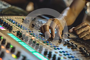 Technician hand adjust audio  mixer