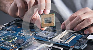 Technician hand holding cpu processor of pc