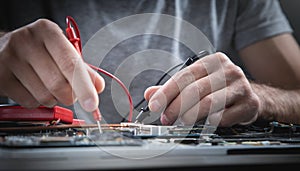 Technician hands checking motherboard with multimeter