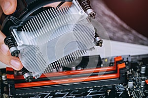 Technician hands installing CPU cooler fan on a computer pc motherboard Bitcoin mining cryptocurrency with GPU rigs.