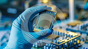 Technician Holding a Microchip. AI generated