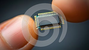 Technician holding microchip: examining electronic component for innovation