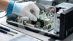 Technician Installing RAM Memory Module on Computer Motherboard