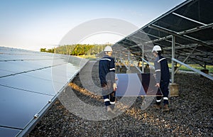 Technician is lifting the solar cell to replace the damaged one, Alternative energy to conserve the world`s energy, Photovoltaic