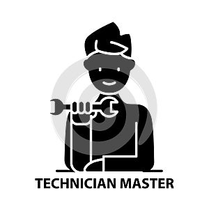technician master icon, black  sign with  strokes, concept illustration