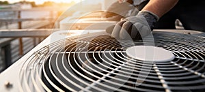 The technician performing maintenance on an air conditioning unit on a rooftop. AI generated image