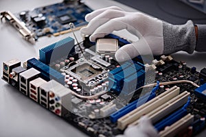Technician Placing CPU on Computer Mainboard