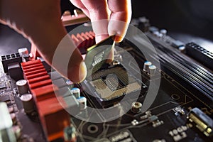 Technician plug in CPU microprocessor to motherboard socket. Workshop background. PC upgrade or repair concept.