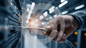 Technician plugging network cable into server rack in data center