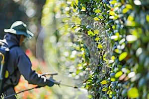 technician with a power sprayer treating a row of hedges for mite infestations