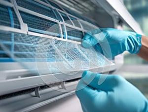 Person wearing blue gloves removing and cleaning a reusable air conditioner filter in a modern indoor cooling unit for maintenance