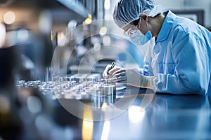 A technician in protective gear works on precision instruments in a laboratory setting