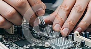 technician repairing and assembling a desktop computer inside a case