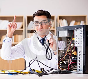 IT technician repairing broken pc desktop computer