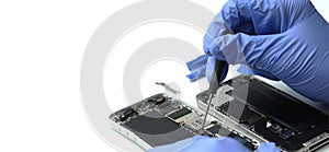 Technician repairing the Cell phone parts and tools for recovery repair smartphone