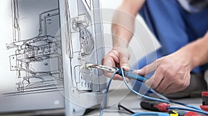 Technician Repairing Computer with Diagnostic Tools and Cables in Workshop