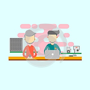 Two men working in the office as computer technician. flat design vector.computer design
