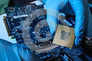 Technician repairing computer motherboard at table, closeup. Electronic device