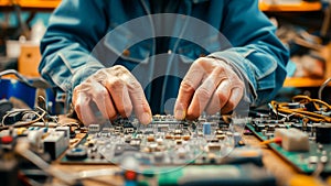 A technician\'s hands are repairing a circuit board in an electronics workshop.