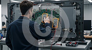technician testing circuit board inside a television with multimeter