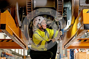 Technician or train factory worker hold light stick to check and fix the problem under electric train in maintenance center and