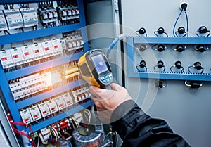 Technician use infrared thermal imaging camera to check temperature at fuse-box