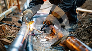 A technician uses a blowtorch to weld pipes together as they install the heating system