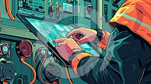Technician using digital tablet to control industrial equipment