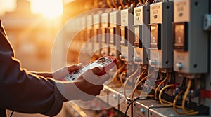 Technician Using Multimeter to Check Electrical Panels During Golden Hour photo