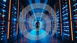 Silhouette of a Person in Data Center Corridor
