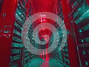 Technician Walks Through Server Room with Data Center Network Infrastructure Technology