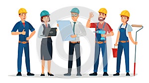 Technician workers and engineers team. Technicians people group, engineering worker and construction cartoon vector illustration